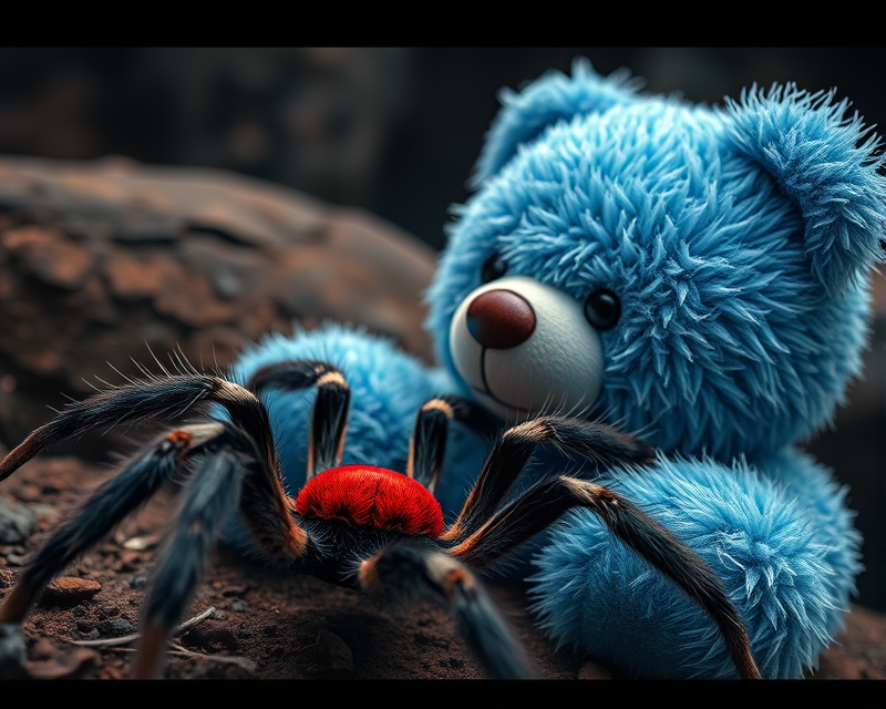 blue, red, teddy bear, tarantula